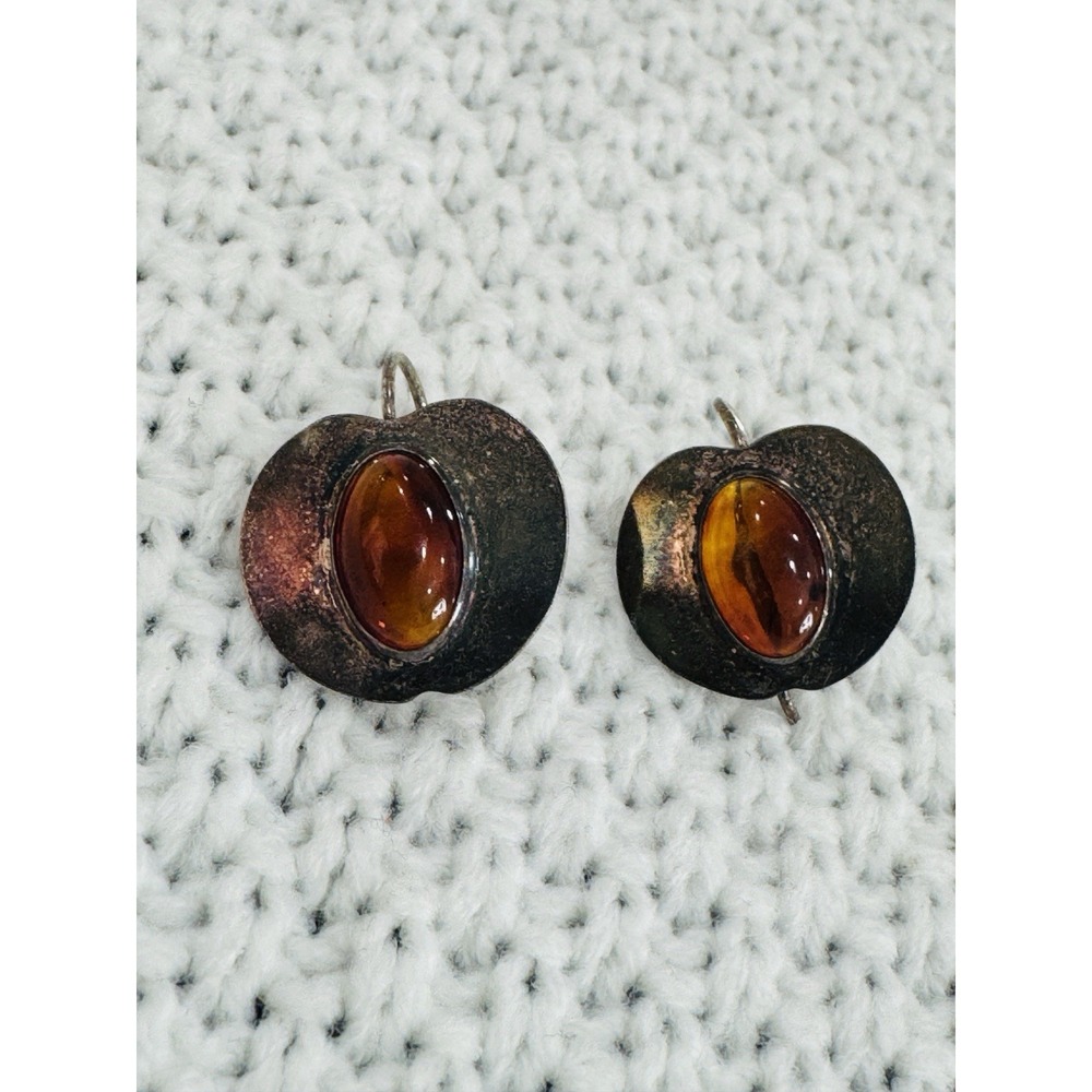 Vintage Amber Tone Cabochon Silver Tone Freeform Oval Latch Back Earrings